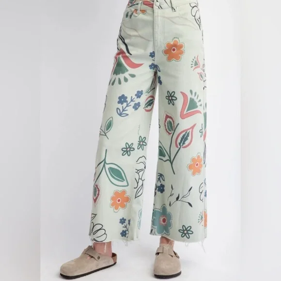 Easel Bold, Floral Rock Wide Leg Jeans - Cream, Green, Orange NWT Size Large - Picture 4 of 10